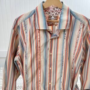 Brandolini XL Stripe Button Shirt Cotton Ruffle Trim Floral Cuff Blue Orange